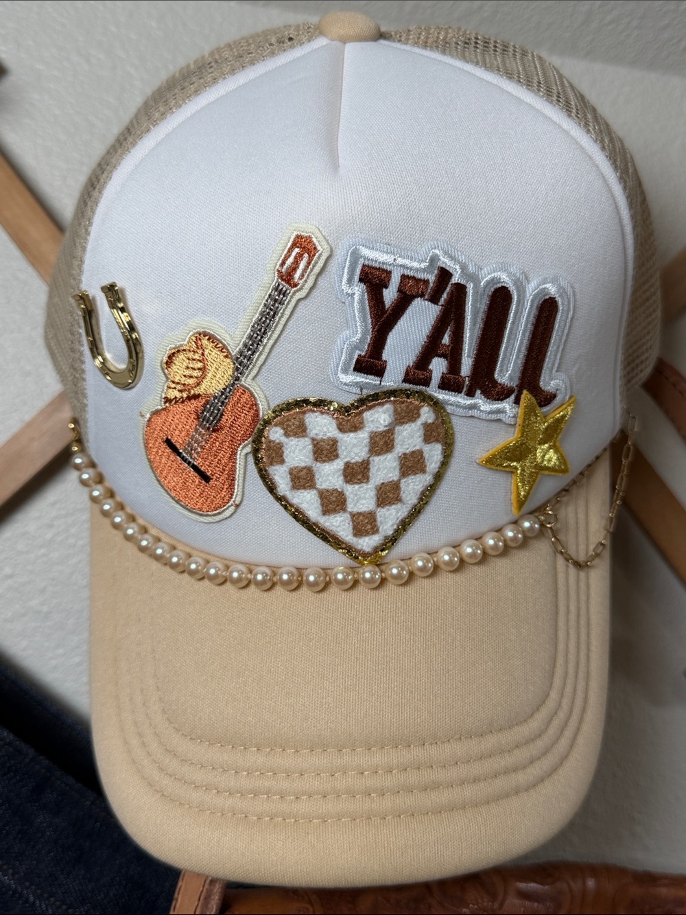NEW cream & tan multi patch pins trucker hat cap "Y'ALL" patch decorative chains